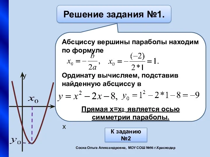Решение задания №1. Aбсциссу вершины параболы находим по формуле Ординату вычисляем, подставив найденную