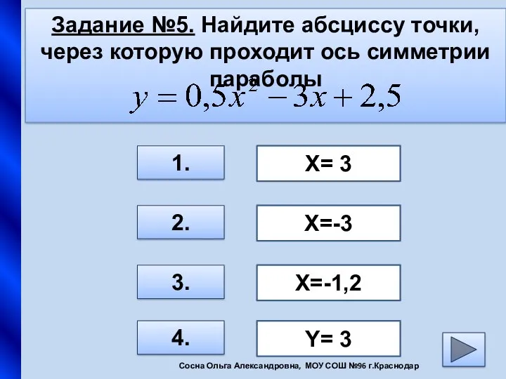 Задание №5. Найдите абсциссу точки,через которую проходит ось симметрии параболы