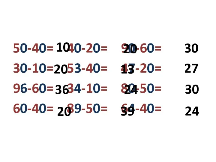 50-40= 40-20= 90-60= 30-10= 53-40= 47-20= 96-60= 34-10= 80-50= 60-40=