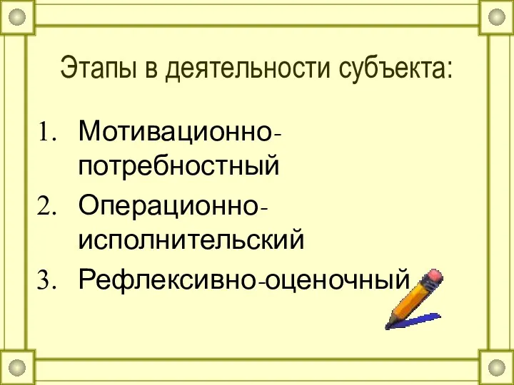 Этапы в деятельности субъекта: Мотивационно-потребностный Операционно-исполнительский Рефлексивно-оценочный