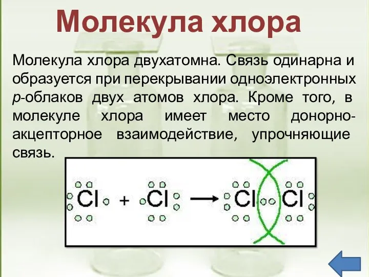 Молекула хлора двухатомна. Связь одинарна и образуется при перекрывании одноэлектронных