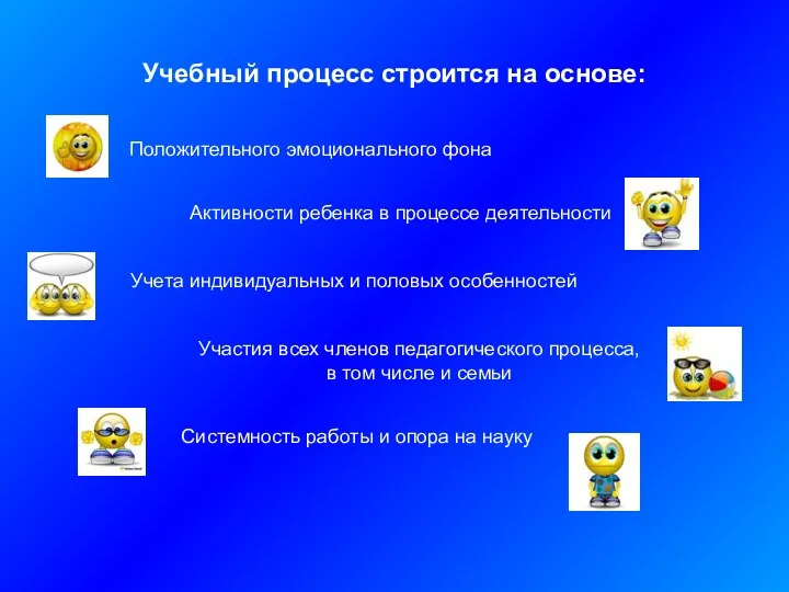 Учебный процесс строится на основе: Положительного эмоционального фона Активности ребенка