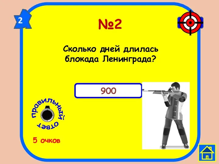 №2 Сколько дней длилась блокада Ленинграда? 5 очков 900 таймер 0:00 0:05 0:10