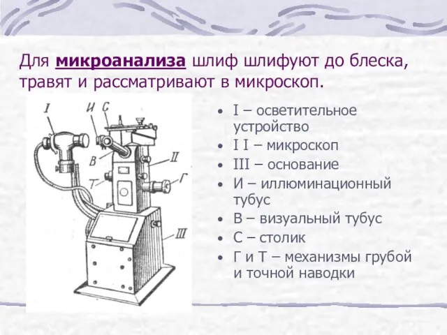 Для микроанализа шлиф шлифуют до блеска, травят и рассматривают в