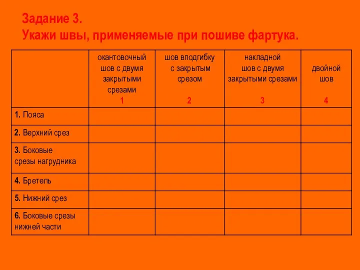 Задание 3. Укажи швы, применяемые при пошиве фартука.