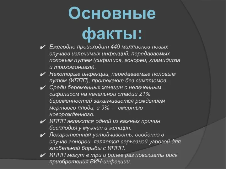 Основные факты: Ежегодно происходит 449 миллионов новых случаев излечимых инфекций,