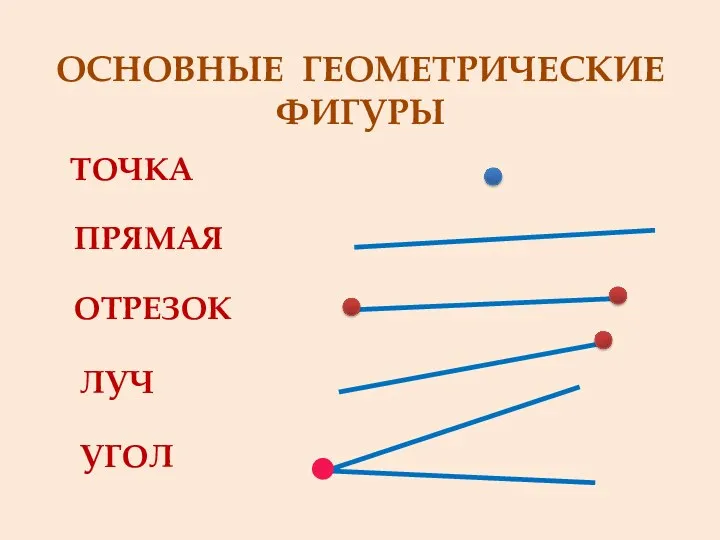 ОСНОВНЫЕ ГЕОМЕТРИЧЕСКИЕ ФИГУРЫ ТОЧКА ПРЯМАЯ ОТРЕЗОК ЛУЧ УГОЛ