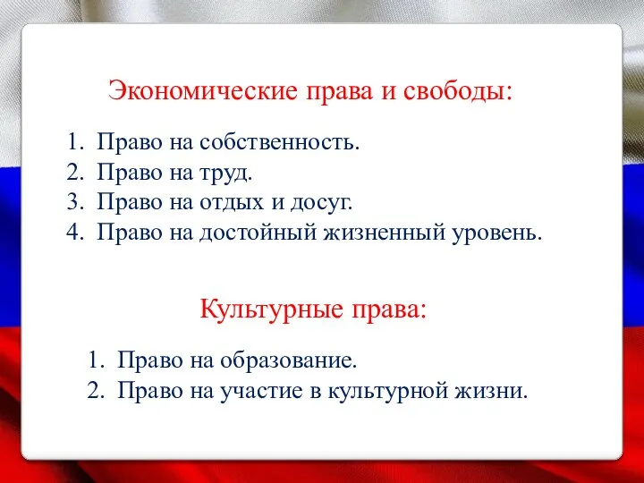 Экономические права и свободы: Право на собственность. Право на труд.