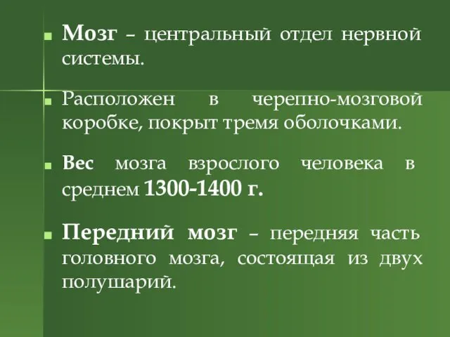 Мозг – центральный отдел нервной системы. Расположен в черепно-мозговой коробке,