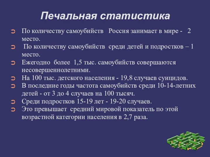 Печальная статистика По количеству самоубийств Россия занимает в мире -