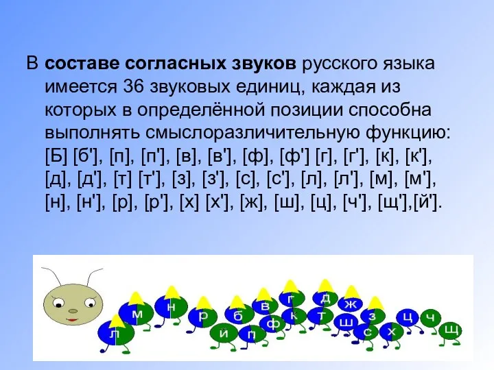 В составе согласных звуков русского языка имеется 36 звуковых единиц,