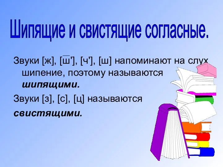 Звуки [ж], [ш'], [ч'], [ш] напоминают на слух шипение, поэтому