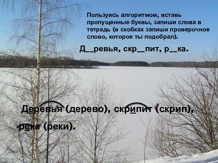 Д__ревья, скр__пит, р__ка. Пользуясь алгоритмом, вставь пропущенные буквы, запиши слова