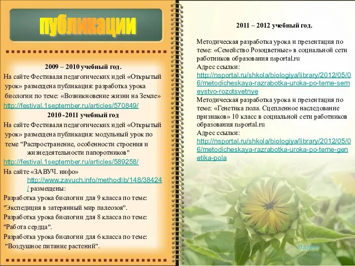 2009 – 2010 учебный год. На сайте Фестиваля педагогических идей «Открытый урок» размещена