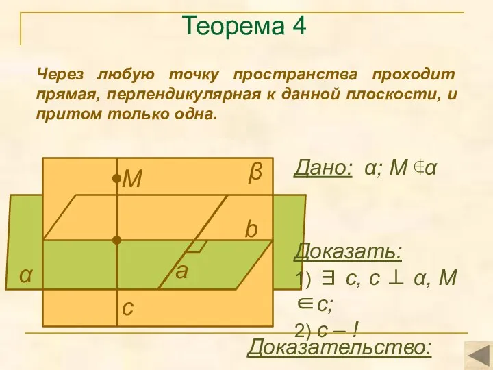 Теорема 4 Через любую точку пространства проходит прямая, перпендикулярная к