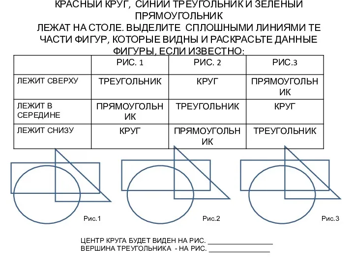 КРАСНЫЙ КРУГ, СИНИЙ ТРЕУГОЛЬНИК И ЗЕЛЕНЫЙ ПРЯМОУГОЛЬНИК ЛЕЖАТ НА СТОЛЕ.