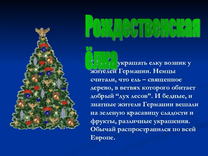 Обычай украшать елку возник у жителей Германии. Немцы считали, что ель – священное