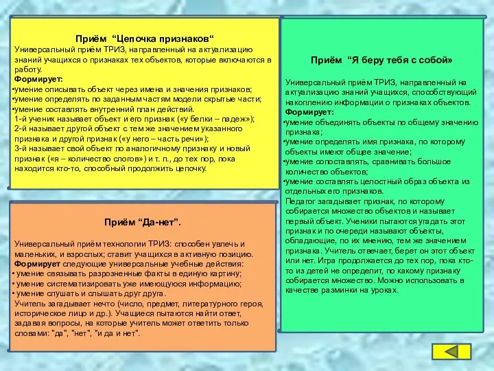 Приём “Цепочка признаков“ Универсальный приём ТРИЗ, направленный на актуализацию знаний