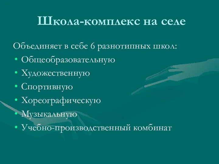 Школа-комплекс на селе Объединяет в себе 6 разнотипных школ: Общеобразовательную Художественную Спортивную Хореографическую Музыкальную Учебно-производственный комбинат