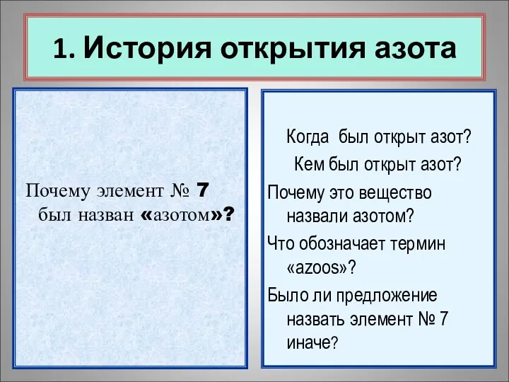 1. История открытия азота Почему элемент № 7 был назван