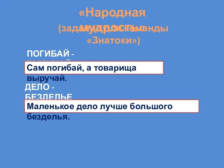 «Народная мудрость» (задание для команды «Знатоки») ПОГИБАЙ - ВЫРУЧАЙ Сам