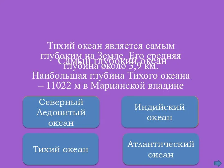 Правильно Тихий океан Неверно Атлантический океан Подумай ещё Северный Ледовитый