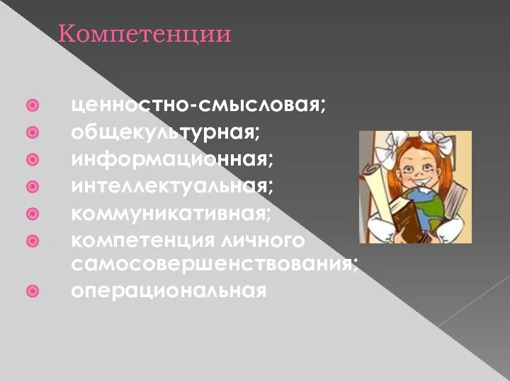 Компетенции ценностно-смысловая; общекультурная; информационная; интеллектуальная; коммуникативная; компетенция личного самосовершенствования; операциональная