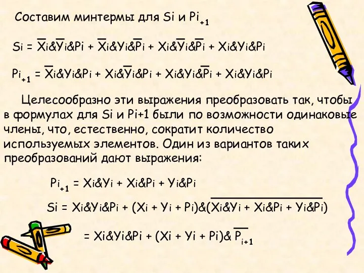 Составим минтермы для Si и Pi+1 Целесообразно эти выражения преобразовать