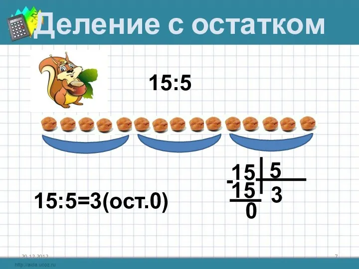 Деление с остатком 15:5 15:5=3(ост.0) 15 3 5 15 - 0