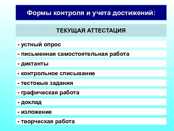 Формы контроля и учета достижений: ТЕКУЩАЯ АТТЕСТАЦИЯ - устный опрос - письменная самостоятельная