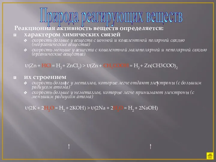 Природа реагирующих веществ Реакционная активность веществ определяется: характером химических связей