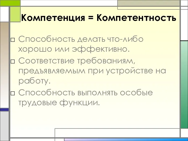 Компетенция = Компетентность Способность делать что-либо хорошо или эффективно. Соответствие