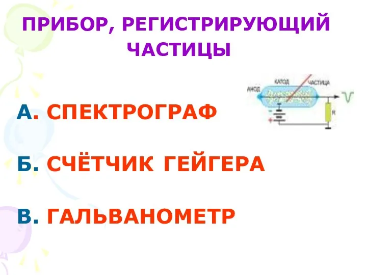 А. СПЕКТРОГРАФ Б. СЧЁТЧИК ГЕЙГЕРА В. ГАЛЬВАНОМЕТР ПРИБОР, РЕГИСТРИРУЮЩИЙ ЧАСТИЦЫ