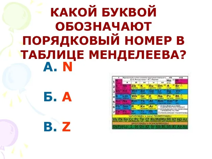 А. N Б. A В. Z КАКОЙ БУКВОЙ ОБОЗНАЧАЮТ ПОРЯДКОВЫЙ НОМЕР В ТАБЛИЦЕ МЕНДЕЛЕЕВА?