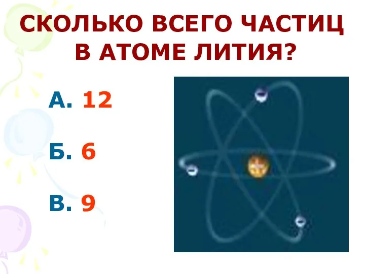 А. 12 Б. 6 В. 9 СКОЛЬКО ВСЕГО ЧАСТИЦ В АТОМЕ ЛИТИЯ?