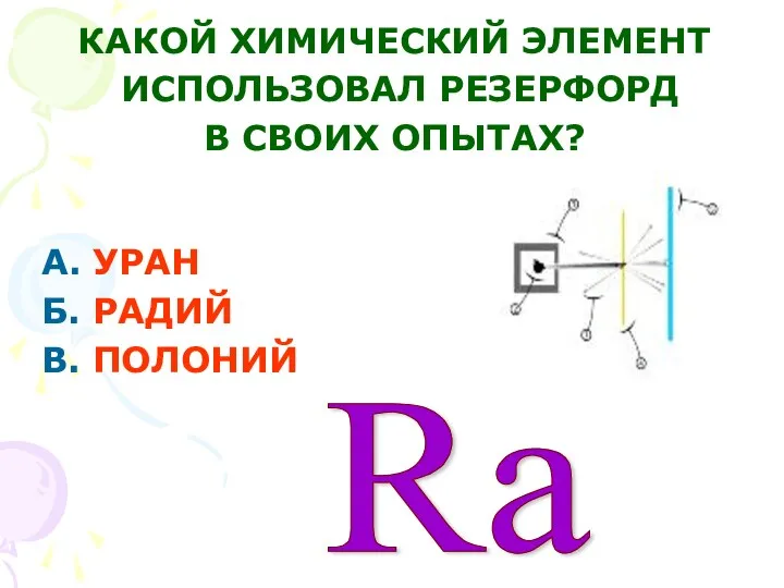 А. УРАН Б. РАДИЙ В. ПОЛОНИЙ КАКОЙ ХИМИЧЕСКИЙ ЭЛЕМЕНТ ИCПОЛЬЗОВАЛ РЕЗЕРФОРД В СВОИХ ОПЫТАХ? Ra
