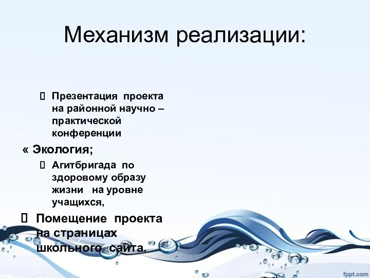 Механизм реализации: Презентация проекта на районной научно – практической конференции