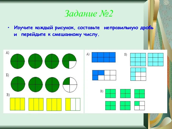 Задание №2 Изучите каждый рисунок, составьте неправильную дробь и перейдите к смешанному числу.