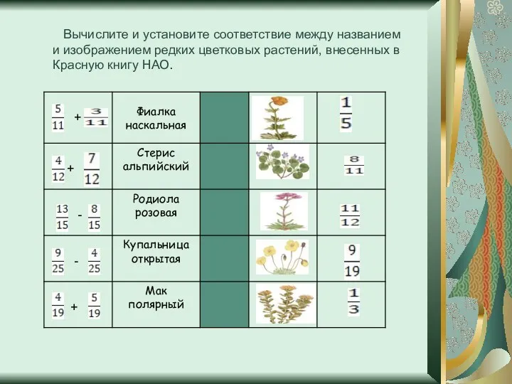 Вычислите и установите соответствие между названием и изображением редких цветковых растений, внесенных в Красную книгу НАО.