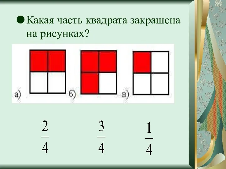 Какая часть квадрата закрашена на рисунках?