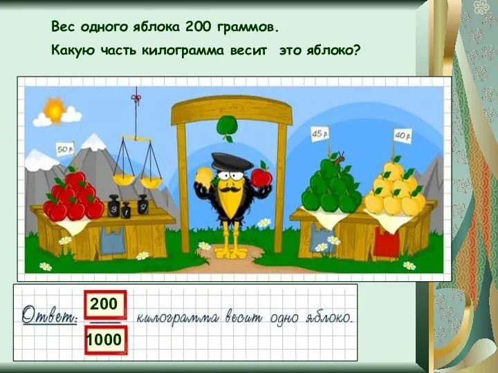 Вес одного яблока 200 граммов. Какую часть килограмма весит это яблоко?