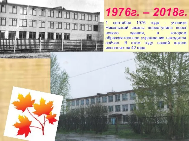 1976г. – 2018г. 1 сентября 1976 года - ученики Никольской школы переступили порог