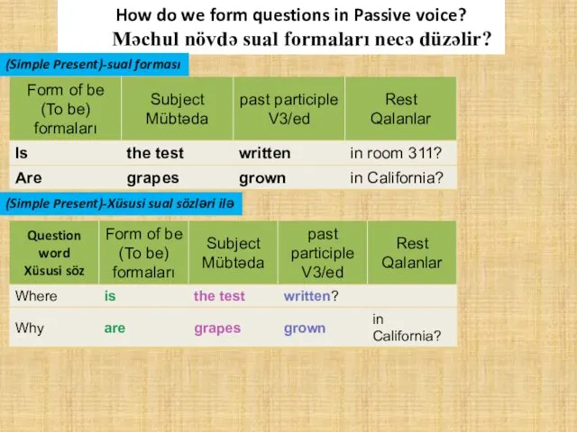 How do we form questions in Passive voice? Məchul növdə