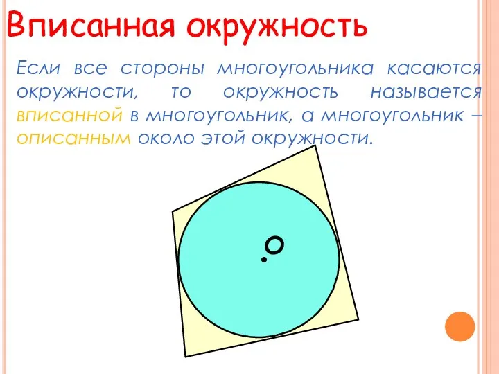 Вписанная окружность Если все стороны многоугольника касаются окружности, то окружность называется вписанной в