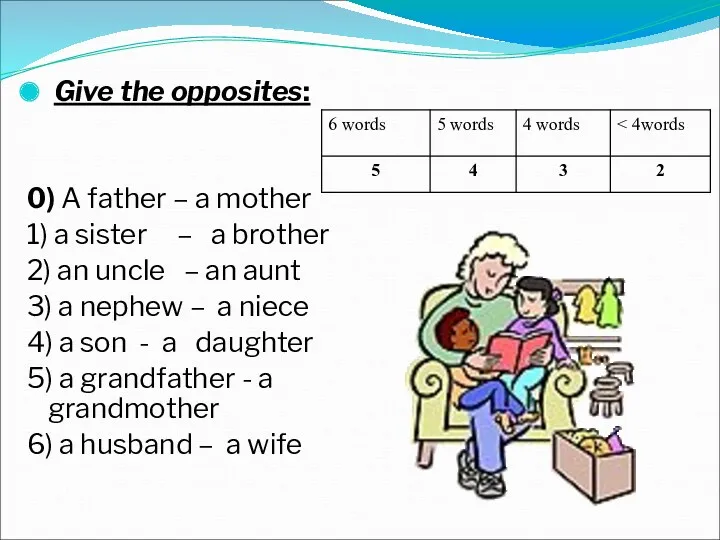 Give the opposites: 0) A father – a mother 1)