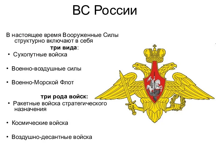 ВС России В настоящее время Вооруженные Силы структурно включают в