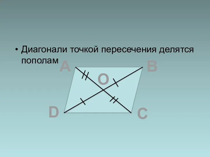 Диагонали точкой пересечения делятся пополам А В С D O