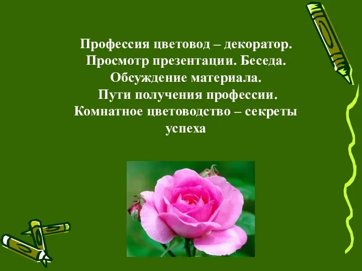 Профессия цветовод – декоратор. Просмотр презентации. Беседа. Обсуждение материала. Пути