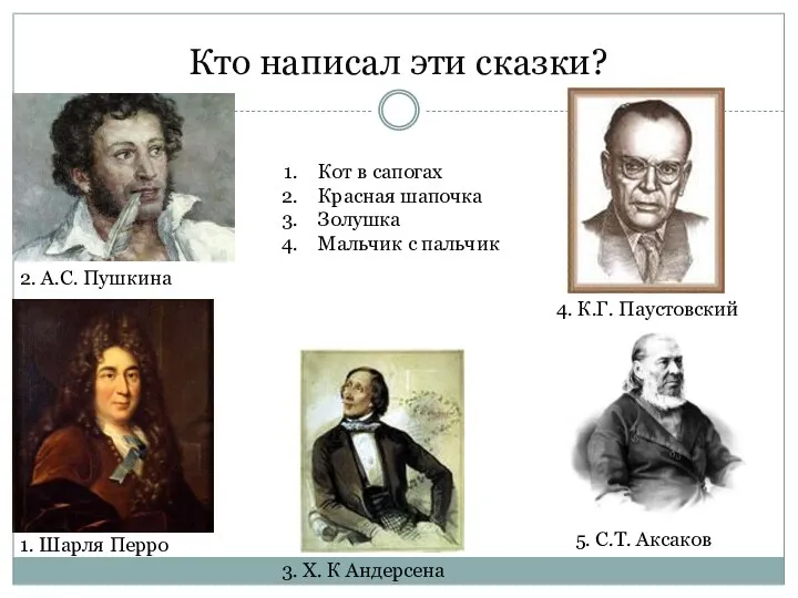 Кто написал эти сказки? 2. А.С. Пушкина 3. Х. К