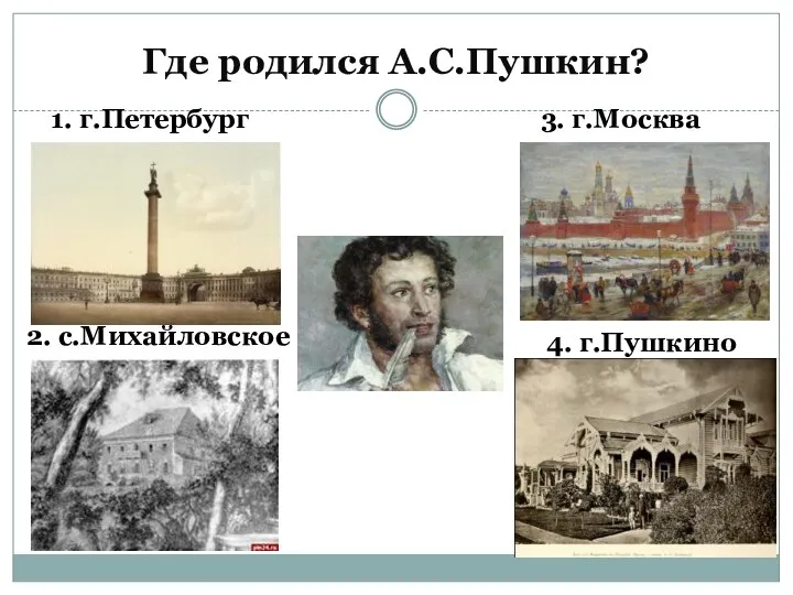 Где родился А.С.Пушкин? 1. г.Петербург 2. с.Михайловское 3. г.Москва 4. г.Пушкино